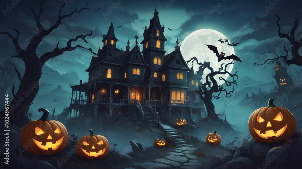 Spooky Halloween Night with Haunted Castle and Bats Spooky Halloween Night with Haunted Castle and Bats