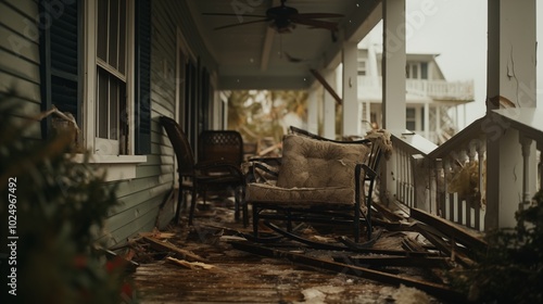  A close-up of a front porch covered in debris from the hurricane,house was destroyed storm, generative ai illustration