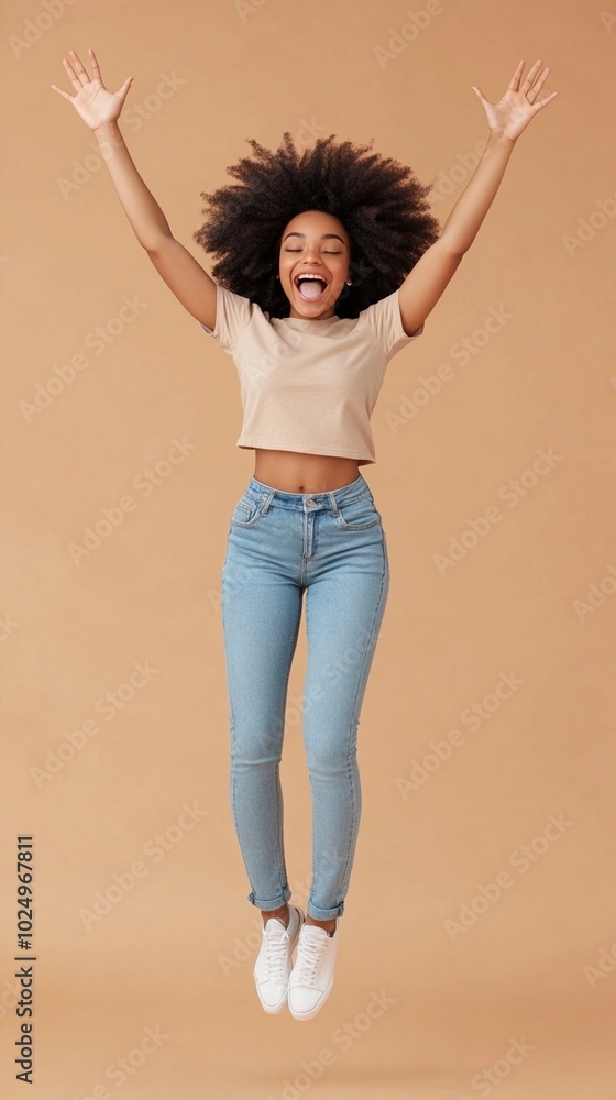 Exuberant woman with natural afro hair jumps joyfully, arms raised high, wearing casual crop top and jeans against a neutral backdrop, radiating pure happiness. Exuberant woman with natural afro hair jumps joyfully, arms raised high, wearing casual crop top and jeans against a neutral backdrop, radiating pure happiness.