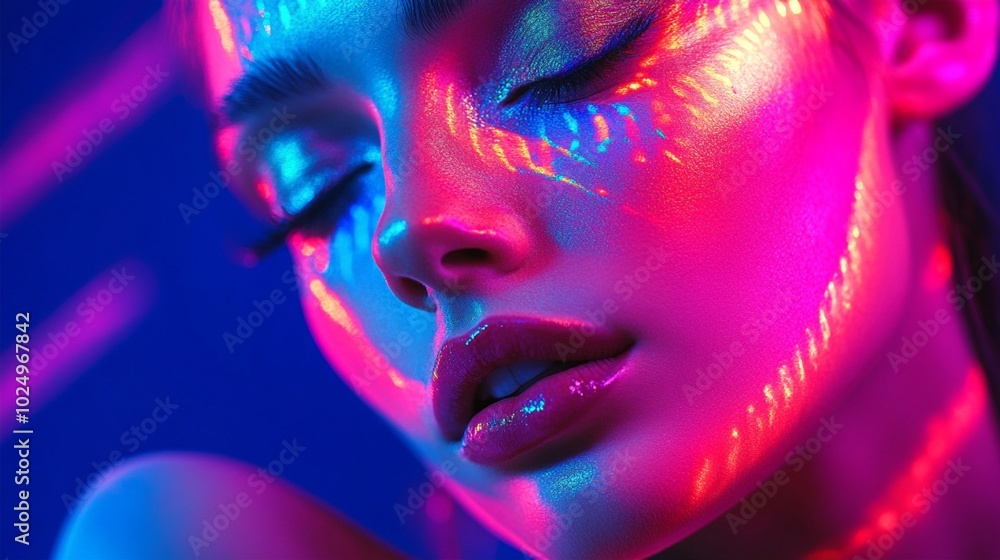 Neon-lit portrait showcasing vibrant pink and blue hues illuminating a face with glossy lips and dramatic eye makeup, evoking a futuristic nightclub aesthetic. Neon-lit portrait showcasing vibrant pink and blue hues illuminating a face with glossy lips and dramatic eye makeup, evoking a futuristic nightclub aesthetic.