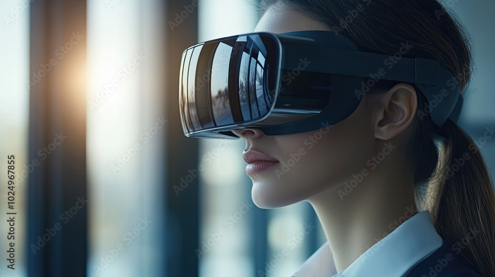Close-up of virtual reality glasses. Using augmented reality glasses in business processes. Portrait of a business woman in a discreet manner Close-up of virtual reality glasses. Using augmented reality glasses in business processes. Portrait of a business woman in a discreet manner
