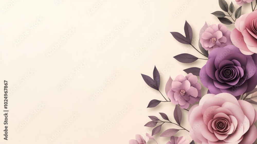 Fototapeta premium A soft floral design featuring purple and pink roses against a light background.