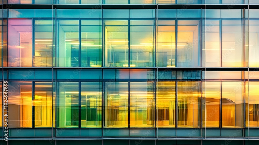 Modern office building facade with colorful glass windows reflecting vibrant sunset hues, creating a mesmerizing abstract pattern of light and geometry. Modern office building facade with colorful glass windows reflecting vibrant sunset hues, creating a mesmerizing abstract pattern of light and geometry.