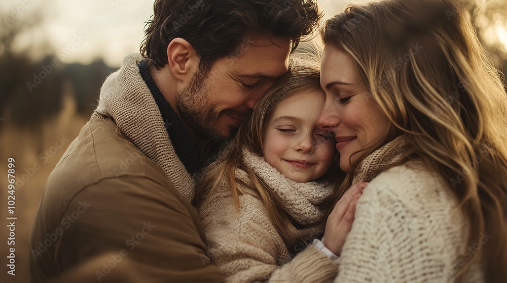 A warm family moment, featuring a couple embracing their child in a serene outdoor setting during sunset. A warm family moment, featuring a couple embracing their child in a serene outdoor setting during sunset.