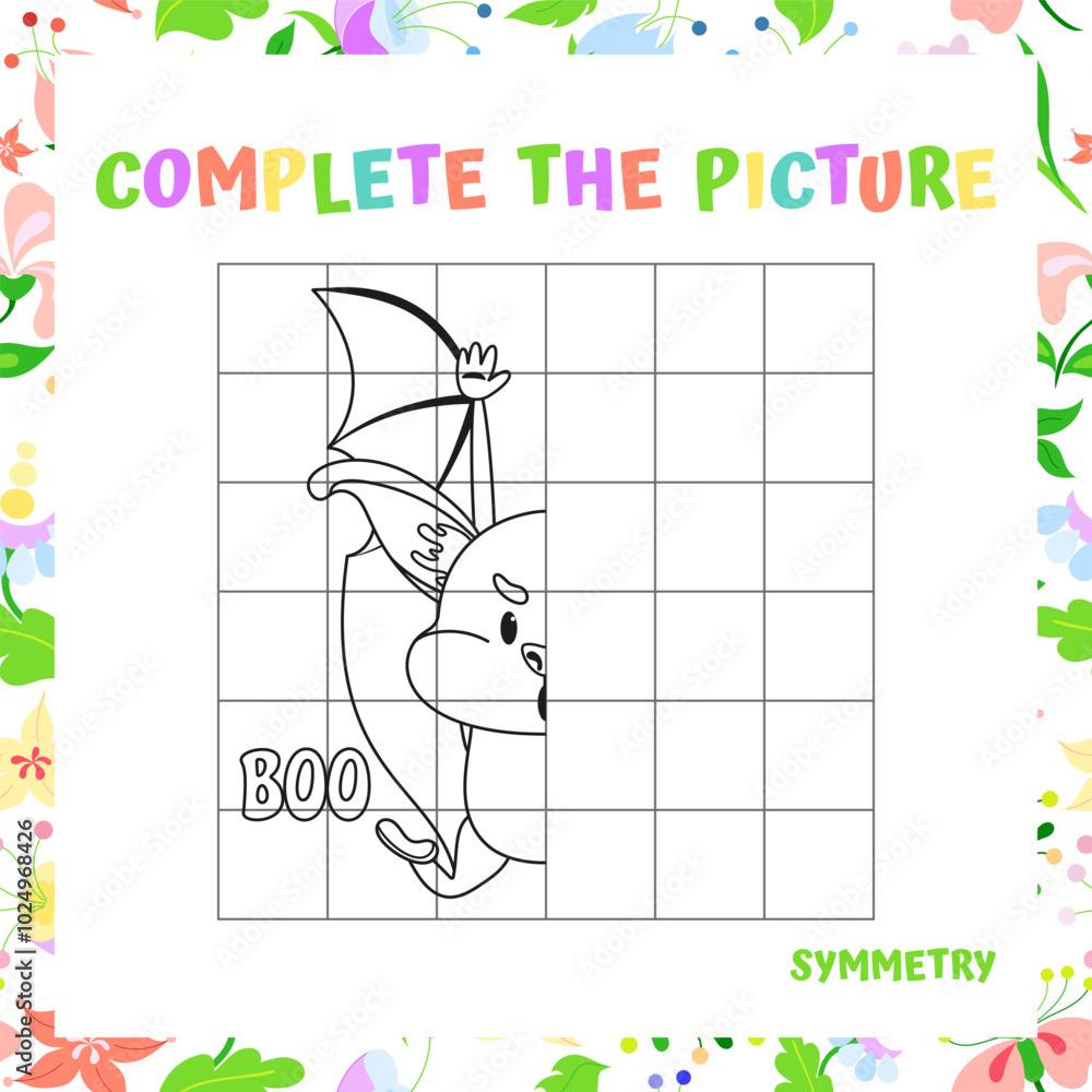 Obraz premium Symmetry Drawing Activity - Cute Halloween Bat with Boo Text. Vector Illustration
