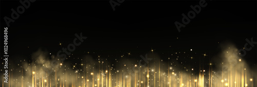 Vertical gold horizontal lines. Speed rays, velocity light neon flow, motion effect, colorful light trails, stripes, laser beams. Abstract background, vector illustration.