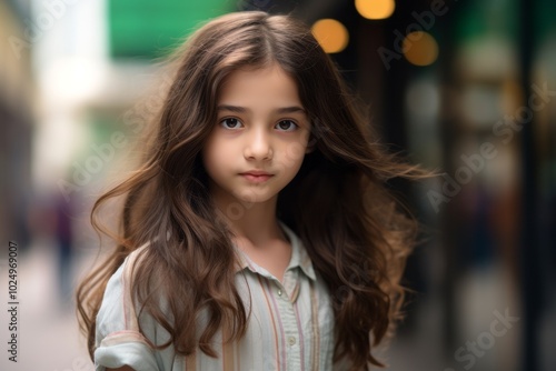 Portrait of a beautiful little girl with long hair in the city