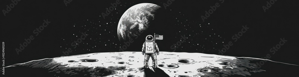 An astronaut stands on the moon, gazing at Earth in a starry space background. An astronaut stands on the moon, gazing at Earth in a starry space background.