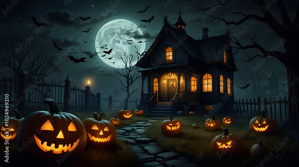 Spooktacular Halloween silhouette of haunted castle against moonlit night sky, bats flitting around pumpkin-adorned hill Spooktacular Halloween silhouette of haunted castle against moonlit night sky, bats flitting around pumpkin-adorned hill