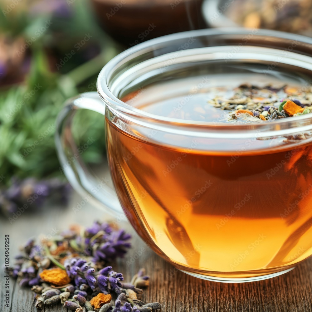 A cup of herbal tea with lavender and herbs, set on a wooden surface. A cup of herbal tea with lavender and herbs, set on a wooden surface.
