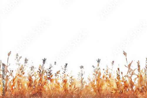 A minimalistic image featuring wispy grass in warm tones against a bright, white background.