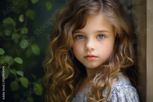 Portrait of a beautiful little girl with long curly hair and blue eyes