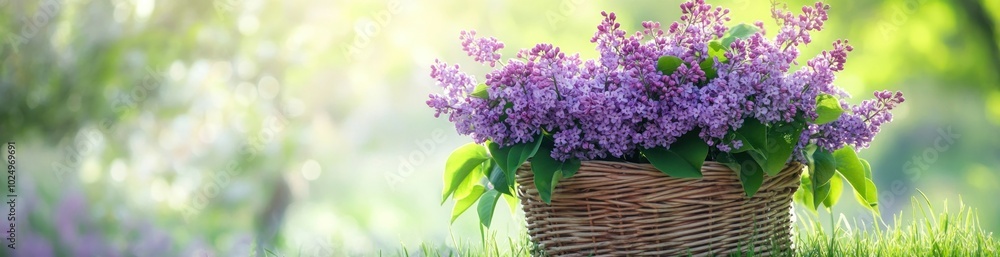 A vibrant basket of lilacs in a serene outdoor setting, evoking tranquility and beauty. A vibrant basket of lilacs in a serene outdoor setting, evoking tranquility and beauty.