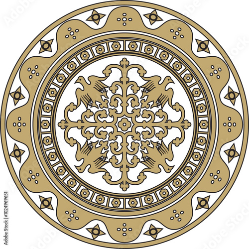 Vector black and gold round gothic ornament. Medieval European circle, ring, border. Classic pattern of the Germans, Angles, Saxons, Franks