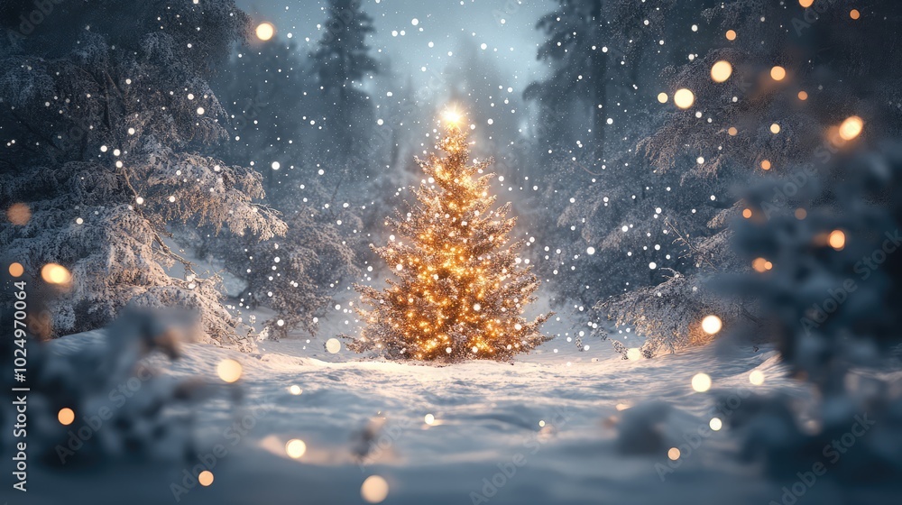 Snowy Winter Wonderland with Christmas Tree, AI generated illustration. Snowy Winter Wonderland with Christmas Tree, AI generated illustration.