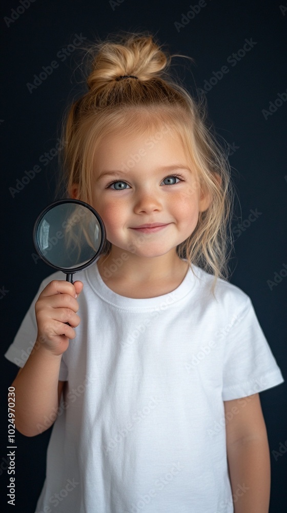 Curious young explorer: blonde child with bright eyes and a cheerful smile holds a magnifying glass, ready to discover the world's tiny wonders. Curious young explorer: blonde child with bright eyes and a cheerful smile holds a magnifying glass, ready to discover the world's tiny wonders.