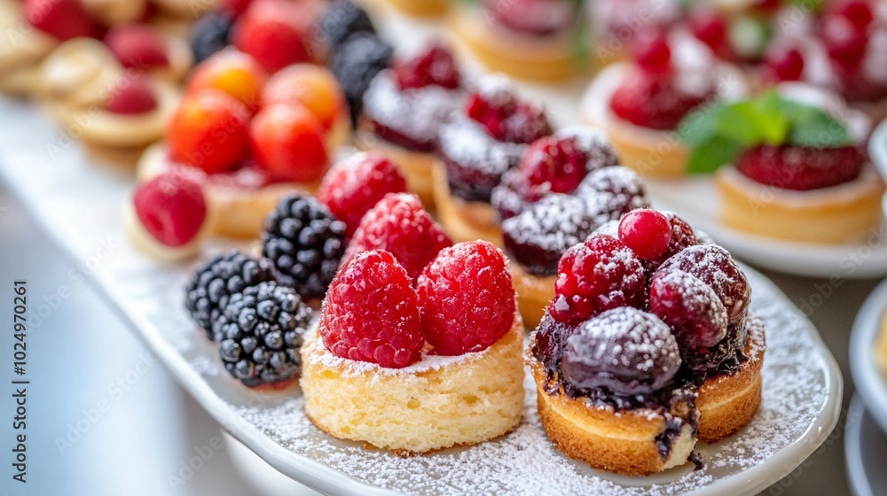 Delectable array of mini fruit tarts adorned with vibrant berries and dusted with powdered sugar, showcasing a tempting variety of flavors and textures. Delectable array of mini fruit tarts adorned with vibrant berries and dusted with powdered sugar, showcasing a tempting variety of flavors and textures.