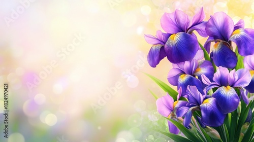 A vibrant bouquet of purple irises against a soft, dreamy background.