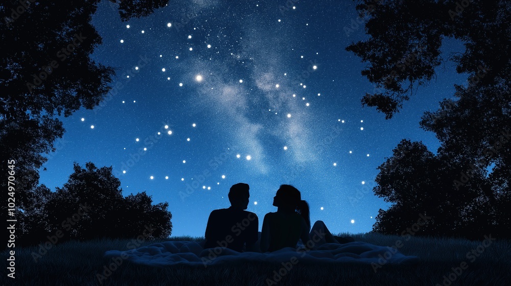 couple lies on a blanket under a clear November sky, gazing at twinkling stars, their silhouettes framed by constellations, sharing dreams. couple lies on a blanket under a clear November sky, gazing at twinkling stars, their silhouettes framed by constellations, sharing dreams.