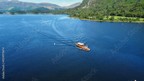 Aerial view of a boat sailing on a lake, United Kingdom