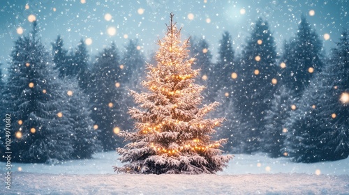 Snowy Winter Wonderland with Christmas Tree, AI generated illustration. photo