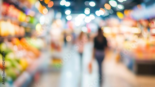 Blurred supermarket aisle with vibrant produce displays and shoppers, creating a dreamy, colorful atmosphere of everyday life in a bustling grocery store.