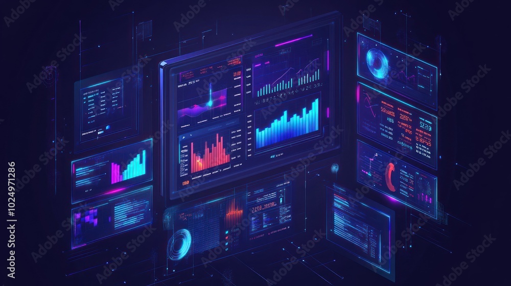 A digital dashboard displaying analytics and data visualizations in a futuristic design. A digital dashboard displaying analytics and data visualizations in a futuristic design.