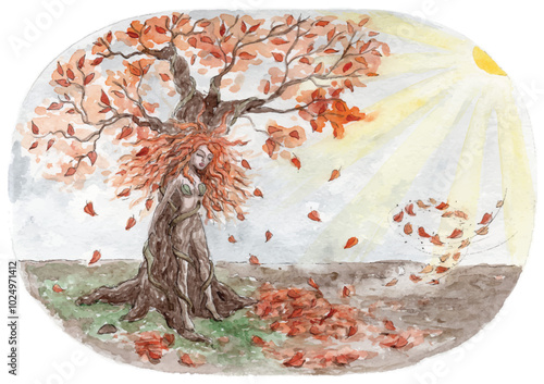 Beautiful red hair girl, red leaves tree, last autumn Sun - watercolor illustration of Mother Nature in October. Fall pagan deity, spirit of Nature, dryad or forest nymph. Mythological paintin, vector