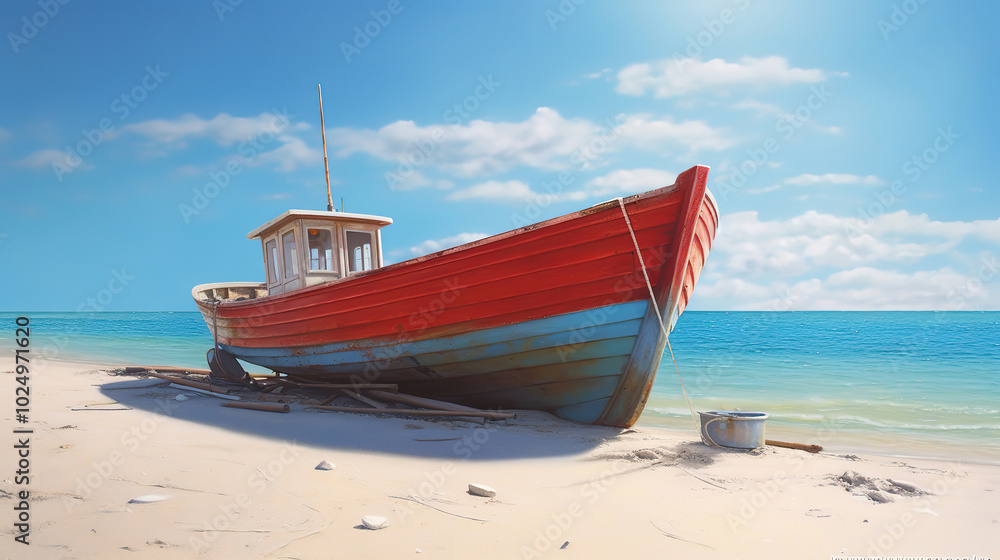 Rustic Fishing Boat Resting on the Sandy Shoreline of a Tranquil Beach Rustic Fishing Boat Resting on the Sandy Shoreline of a Tranquil Beach