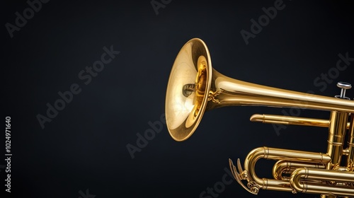 A close-up of a brass trumpet showcasing its bell and intricate design.