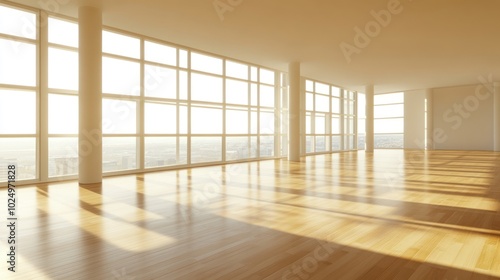 A spacious, sunlit room with large windows and polished wooden floors, ideal for various uses.