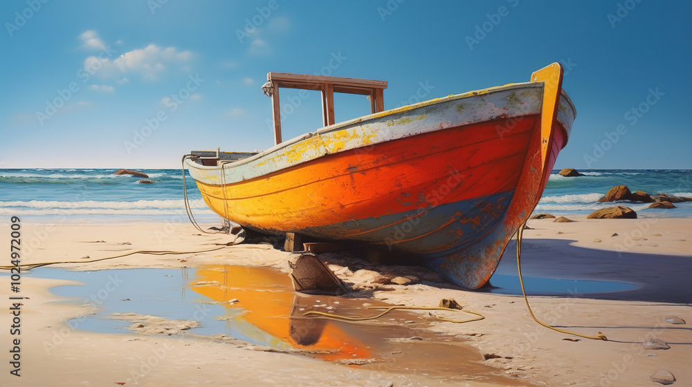 Coastal Charm A Weathered Fishing Boat Nestled on the Quiet Beachfront Coastal Charm A Weathered Fishing Boat Nestled on the Quiet Beachfront