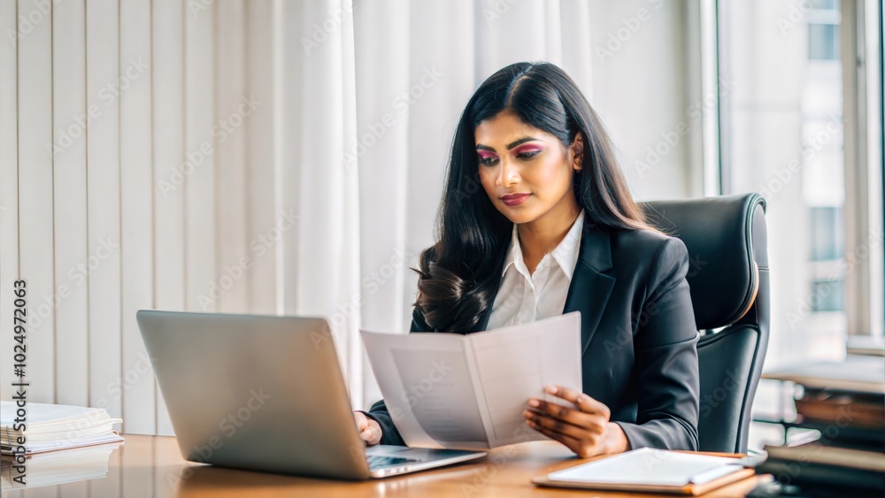 Serious Thinking and confusing India professional lawyer sitting at modern office . Business, computer and focused female lawyer in modern office preparing for a case, stacks of files, copy space Serious Thinking and confusing India professional lawyer sitting at modern office . Business, computer and focused female lawyer in modern office preparing for a case, stacks of files, copy space