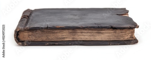 A witch s spellbook with an ancient, cracked cover close up   Dark and magical, perfect for Halloween elements   surreal   Overlay   Isolated white background photo