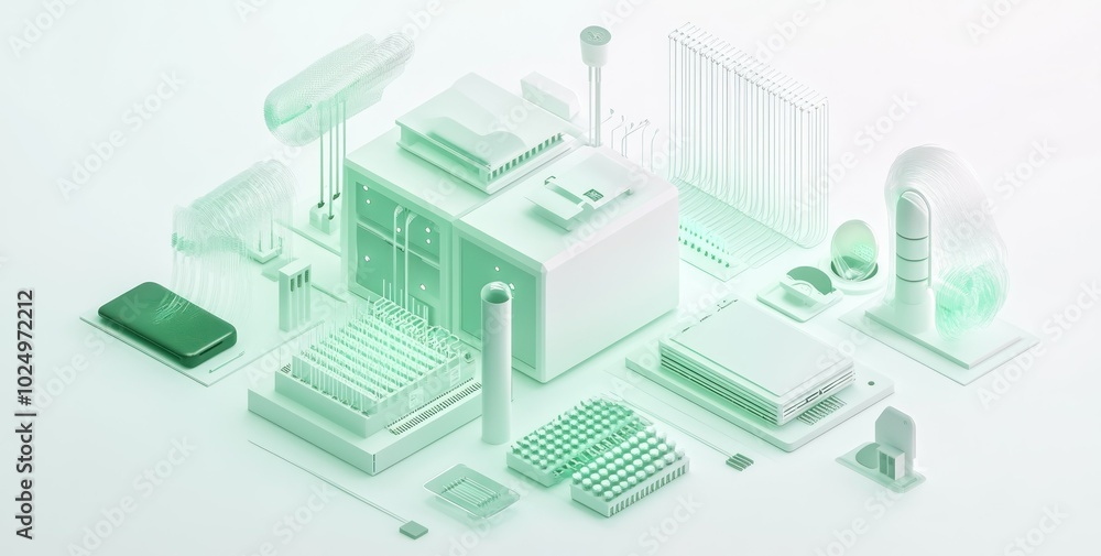 A minimalist arrangement of various technological and household items in a soft green hue. A minimalist arrangement of various technological and household items in a soft green hue.