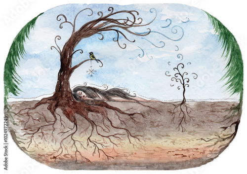 Watercolor illustration of Mother Nature in December. Sleeping girl under the bare tree, under snow, little bird sits on a branch. Winter pagan deity, Nature spirit. Forest spirit, fairy tale artwork.
