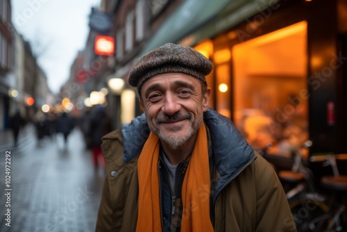 Portrait of a smiling middle-aged man in a hat and coat on a city street.