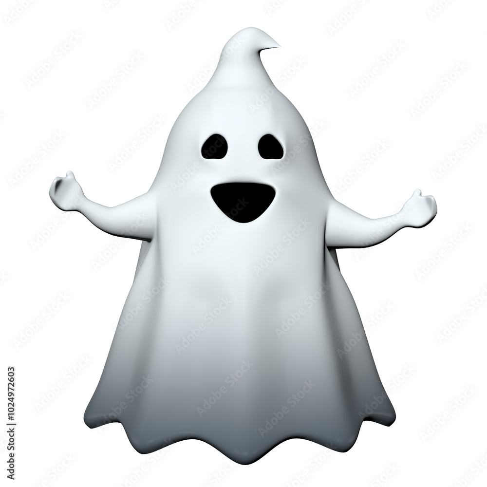 Front view of little happy white cartoon ghost with black mouth and eyes Front view of little happy white cartoon ghost with black mouth and eyes