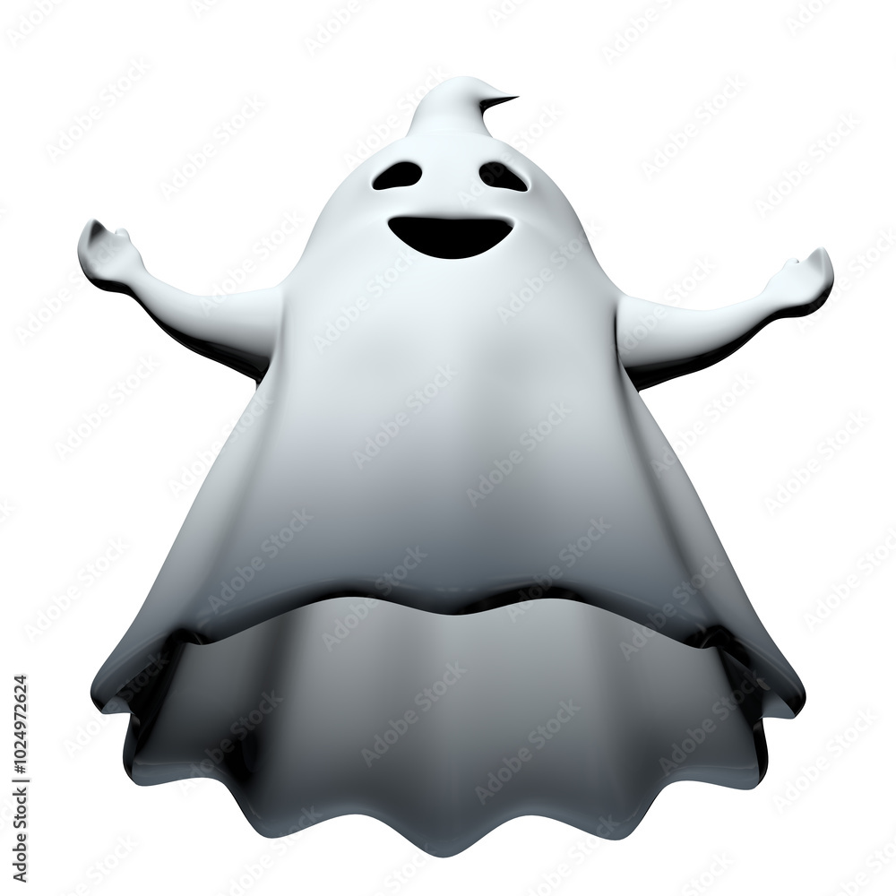 Bottom view of little happy white cartoon ghost with black mouth and eyes Bottom view of little happy white cartoon ghost with black mouth and eyes
