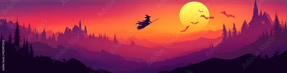 A witch flying on a broomstick against a vibrant sunset with bats and a mystical landscape. A witch flying on a broomstick against a vibrant sunset with bats and a mystical landscape.