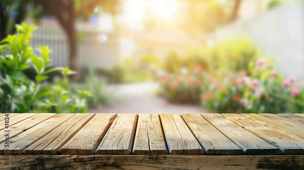 Wooden table in a sunny garden with a blurred background Wooden table in a sunny garden with a blurred background
