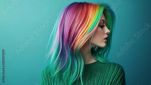 Vibrant rainbow hair cascades over a green sweater, creating a striking contrast against a teal background. Profile view showcases bold, multi-colored dye job.