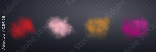 Different colors realistic smokes or haze on a transparent background. Magic fog, vapor. Vector illustration