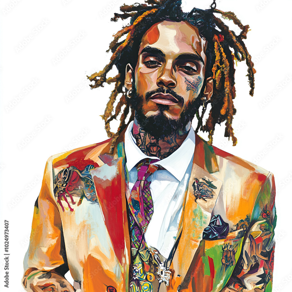 Fototapeta premium Painting portrait of a Rasta with tattoos wearing a colourful suit