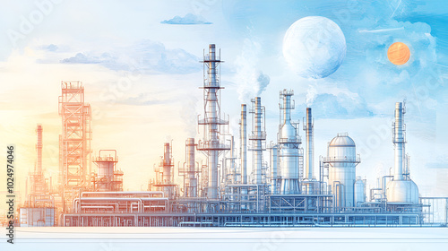 Line drawing depicting an industrial landscape featuring an oil refinery plant, representing the oil industry, with the sky depicted in a separate layer.