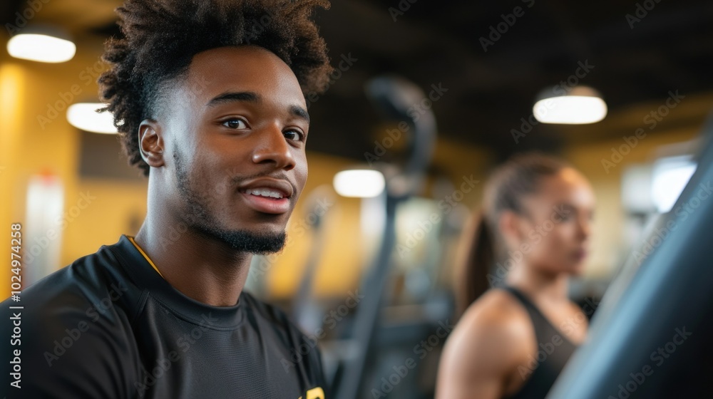 A young man smiles while exercising in a gym, with a woman working out in the background. A young man smiles while exercising in a gym, with a woman working out in the background.