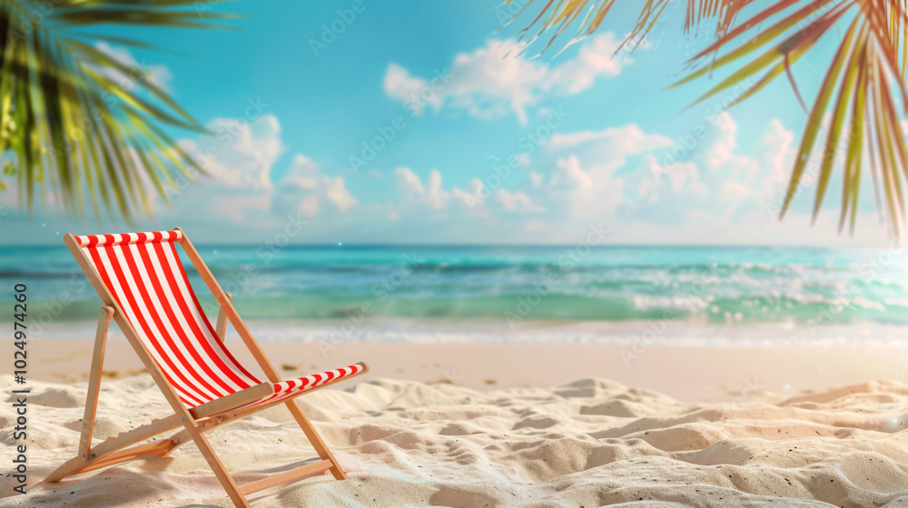 Relaxing beach scene with a striped deck chair and tropical palm leaves Relaxing beach scene with a striped deck chair and tropical palm leaves