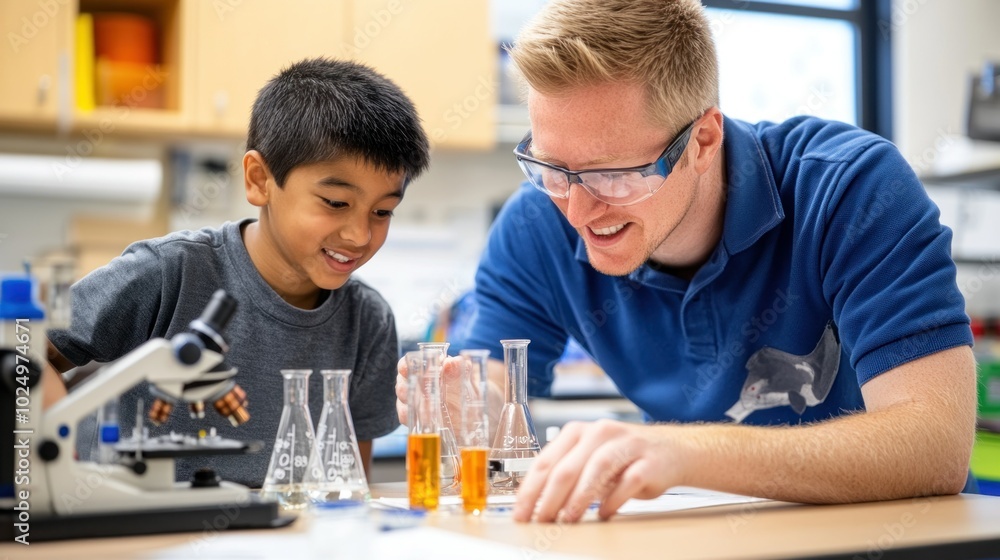 A teacher and student engage in a science experiment with lab equipment and glassware. A teacher and student engage in a science experiment with lab equipment and glassware.
