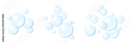 Set of air bubbles in cartoon style. Vector illustration of cute transparent soap bubbles isolated on white background. Blue round bubbles of different sizes: small, medium, large. Foam.