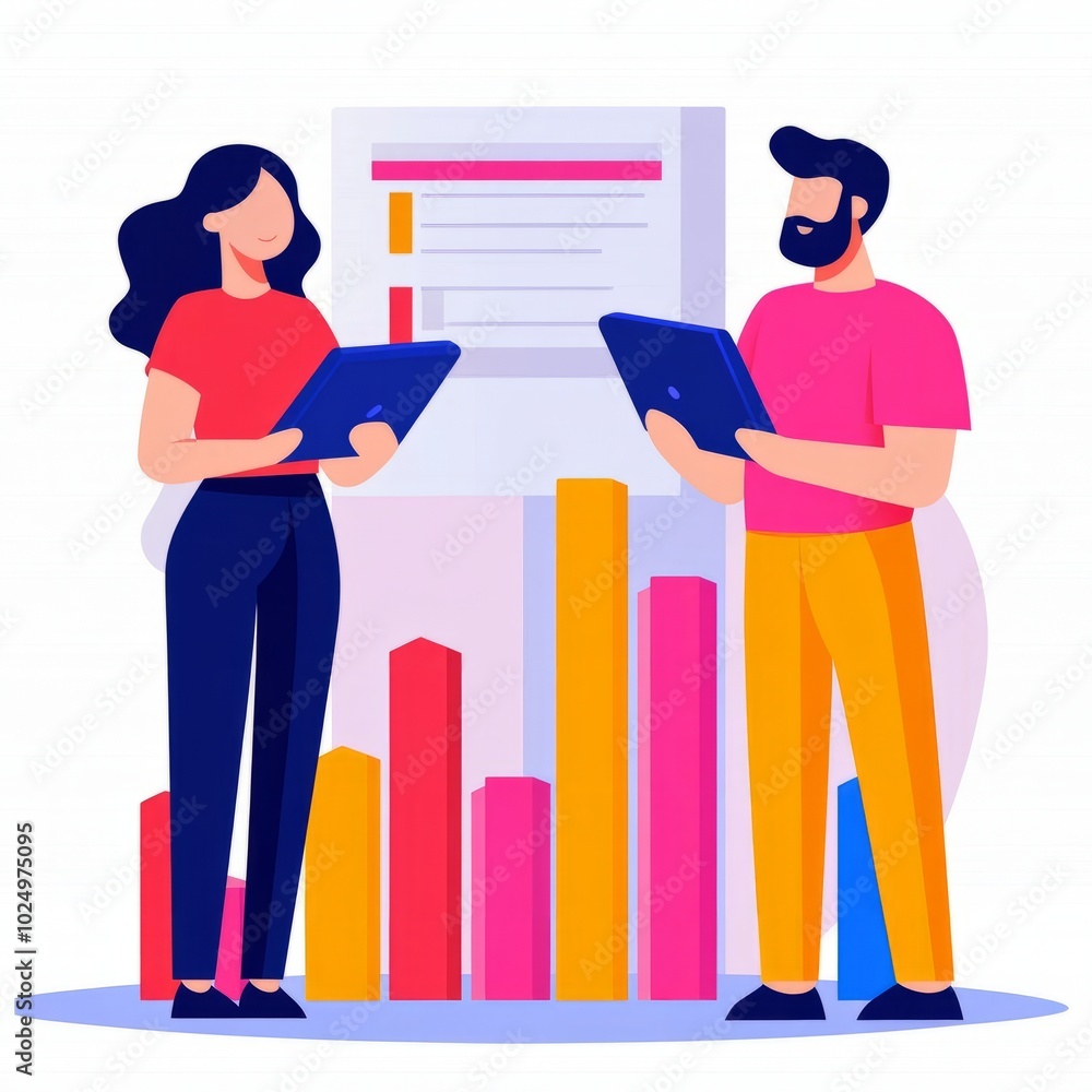 Two individuals analyzing data with tablets in front of colorful bar graphs. Two individuals analyzing data with tablets in front of colorful bar graphs.